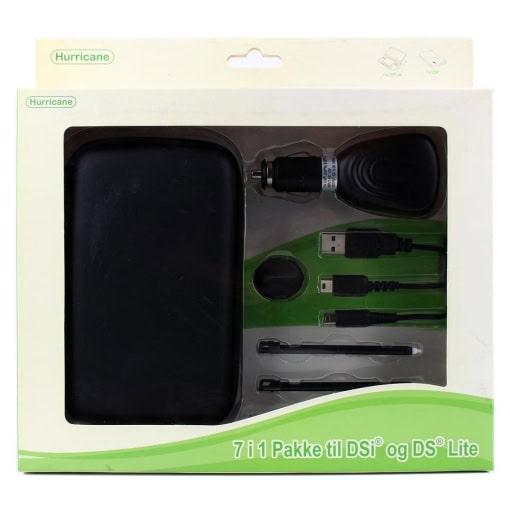7i1 "X" Pakke til Nintendo DSi og DS Lite (Sort) - Taske, oplader, stylus penne