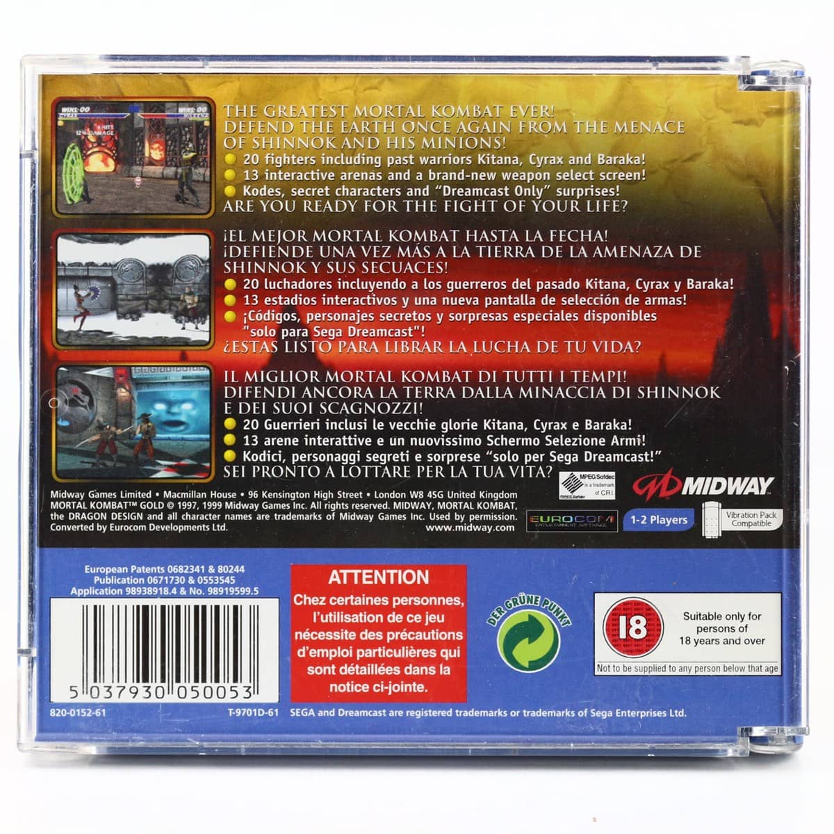 Notice/manuel Du Jeu Sega Dreamcast MORTAL KOMBAT GOLD - Version UK - Bon état